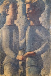 二人の友人、1936年（鉛筆、パネル上のテンペラと油）